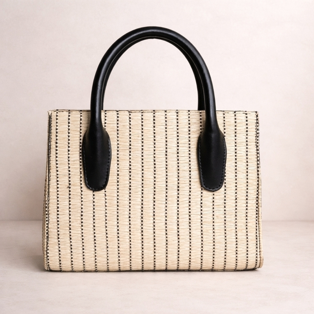Vintage Saks Fifth Avenue Mini Straw Woven Top Handle Bag Black & Ivory Evening